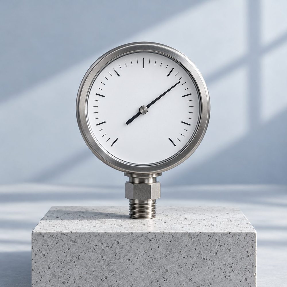 Stainless steel pressure gauge on a concrete plinth