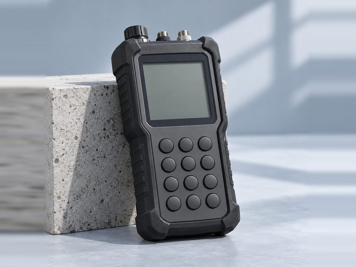 Handheld process meter on a concrete plinth