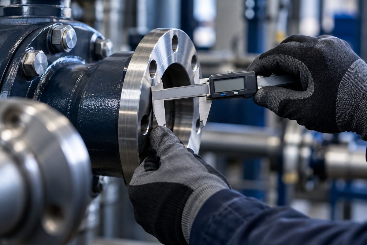 Gloved hands measuring a pipe flange with a digital caliper in a plant