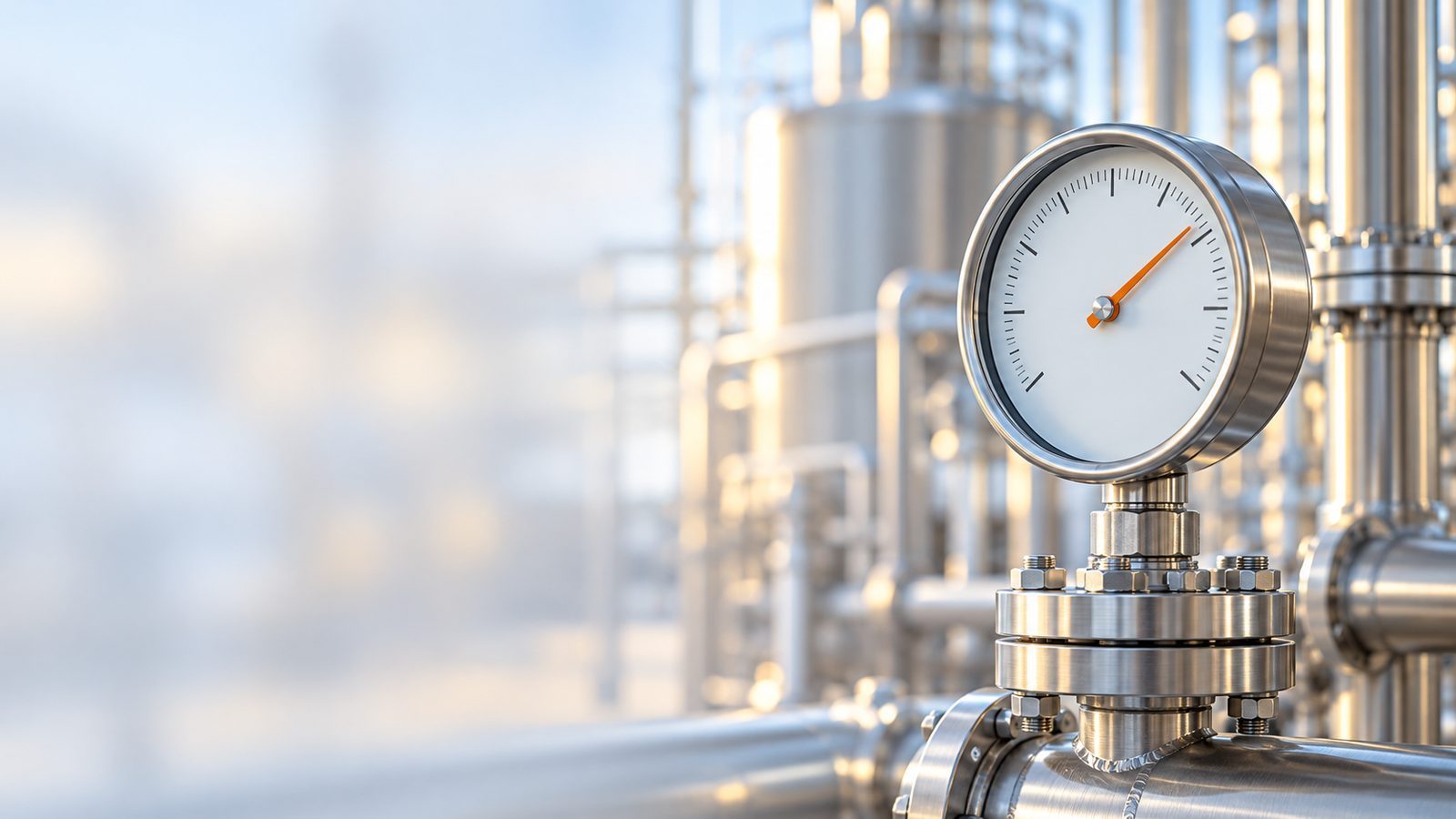 Stainless steel pressure gauge mounted on a process line in a plant