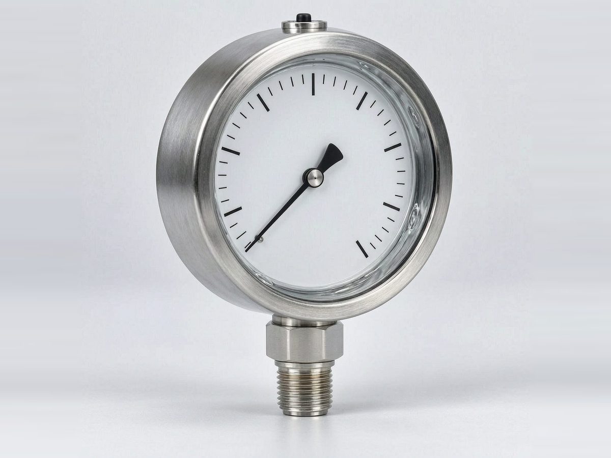 Three-quarter view of a stainless steel pressure gauge with a white dial