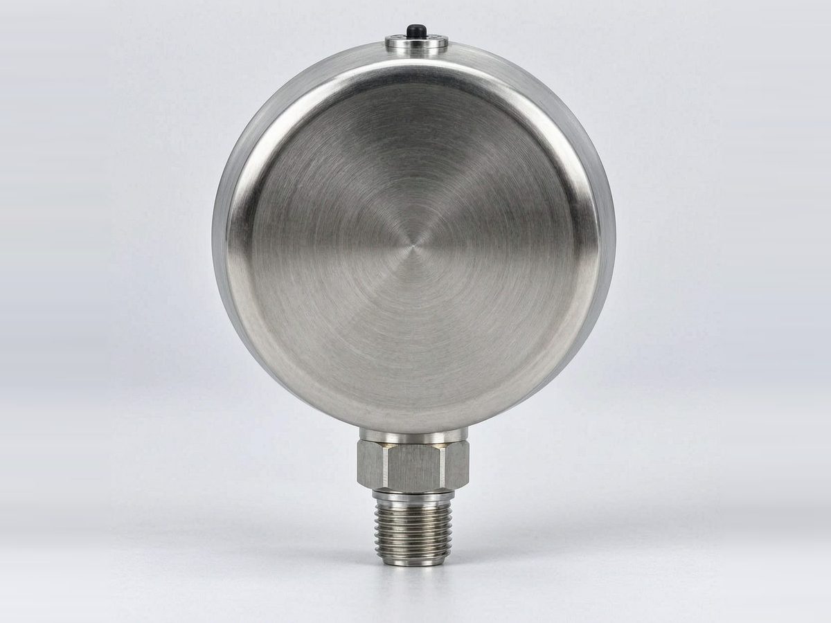 Rear view of a stainless steel pressure gauge showing the back of the case