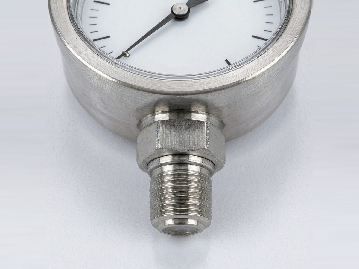 Close view of a pressure gauge process connection and threaded fitting