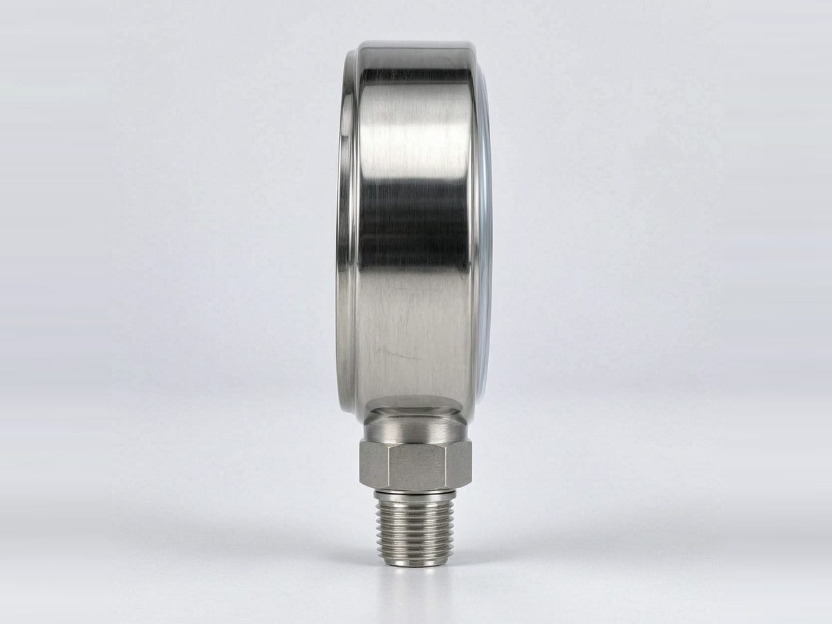 Side view of a stainless steel pressure gauge showing the case and connection